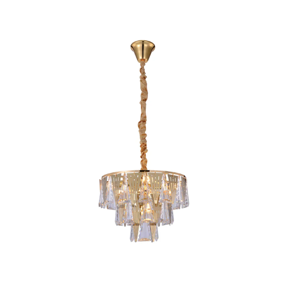 Opulent gold chandelier ceiling light with triangular crystal accents, elegant fixture for luxurious home interior lighting.