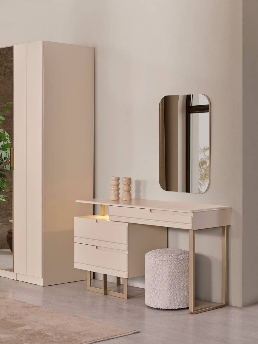 Netline Home Interior Oslo bedroom set dresser and side table with modern design, finished in sleek white and wood accents.