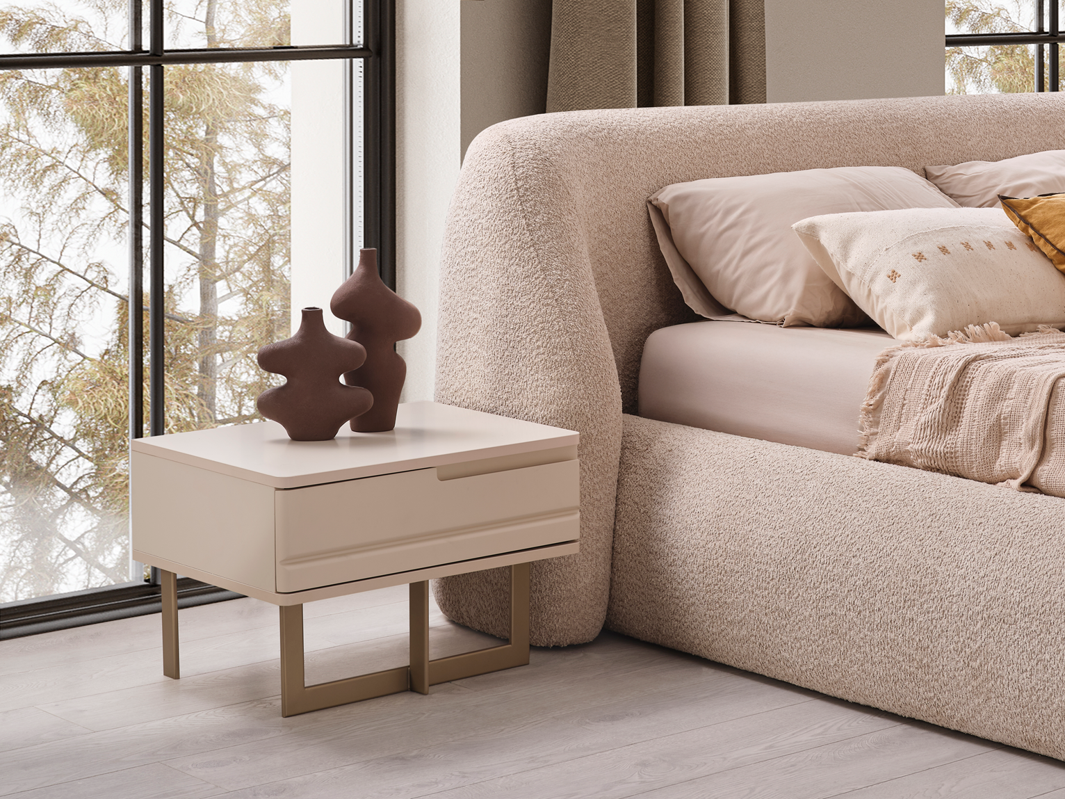 Netline Home Interior Oslo bedroom set with matching nightstand, showcasing modern bedroom furniture and stylish bedroom decor.