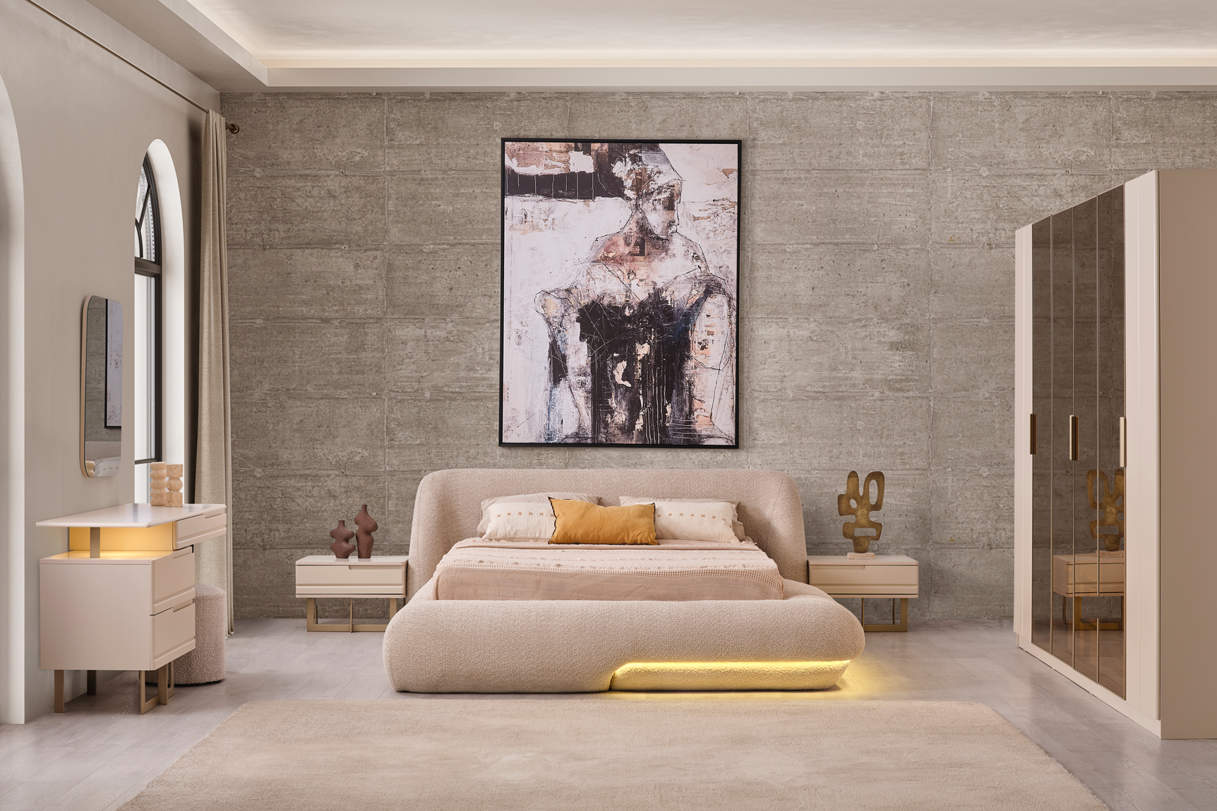 Netline Home Interior Oslo Bedroom Set featuring a bed, nightstands, and wardrobe in a modern bedroom style.