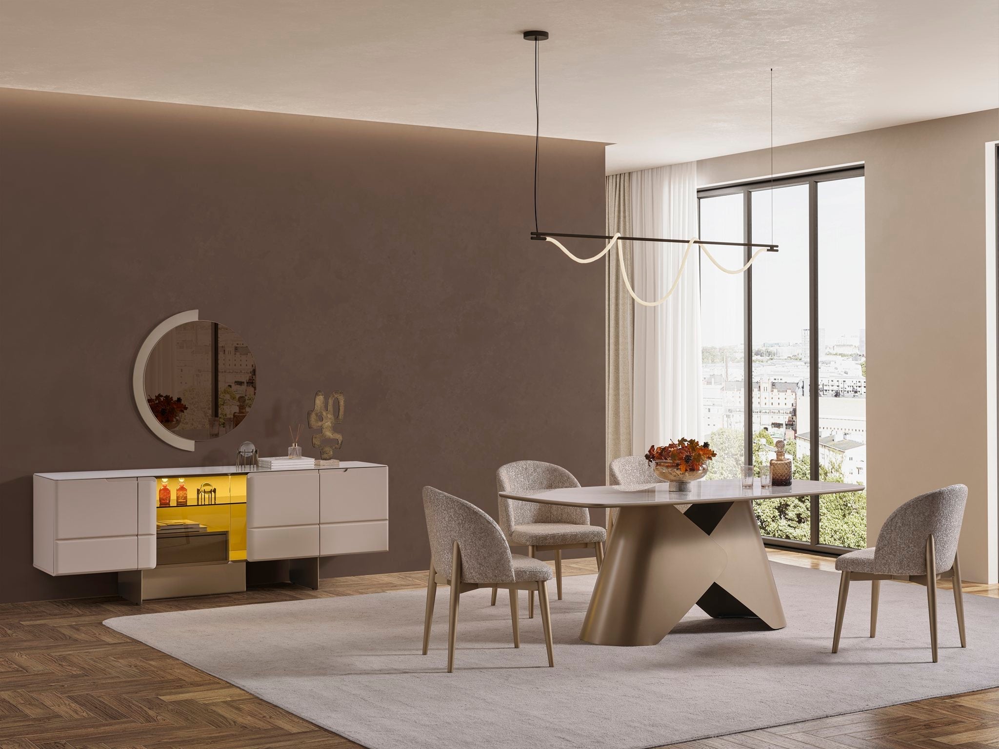 Elegant Oslo luxury dining room set by Netline Home Interior with a wooden table and matching chairs in a modern dining space.