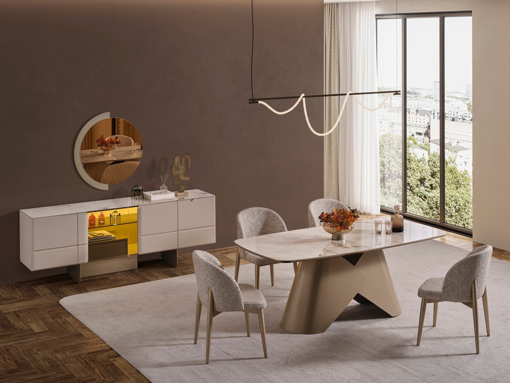 Elegant Oslo Luxury Dining Room Set by Netline Home Interior, featuring a stylish table and matching chairs for sophisticated dining.