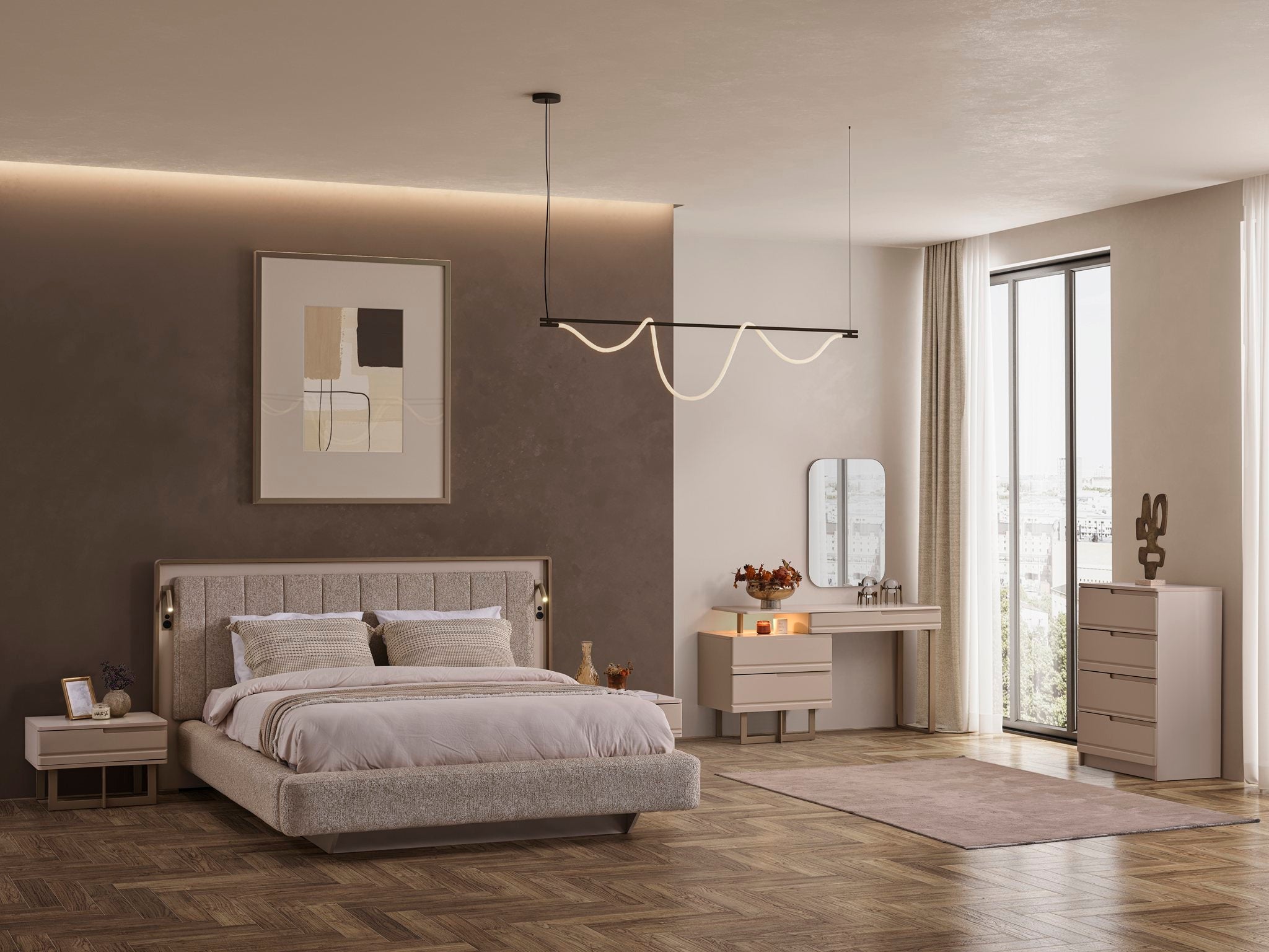 Elegant Oslo Luxury Bedroom Set by Netline Home Interior with a plush bed, stylish nightstands, and modern decor in a sophisticated bedroom.