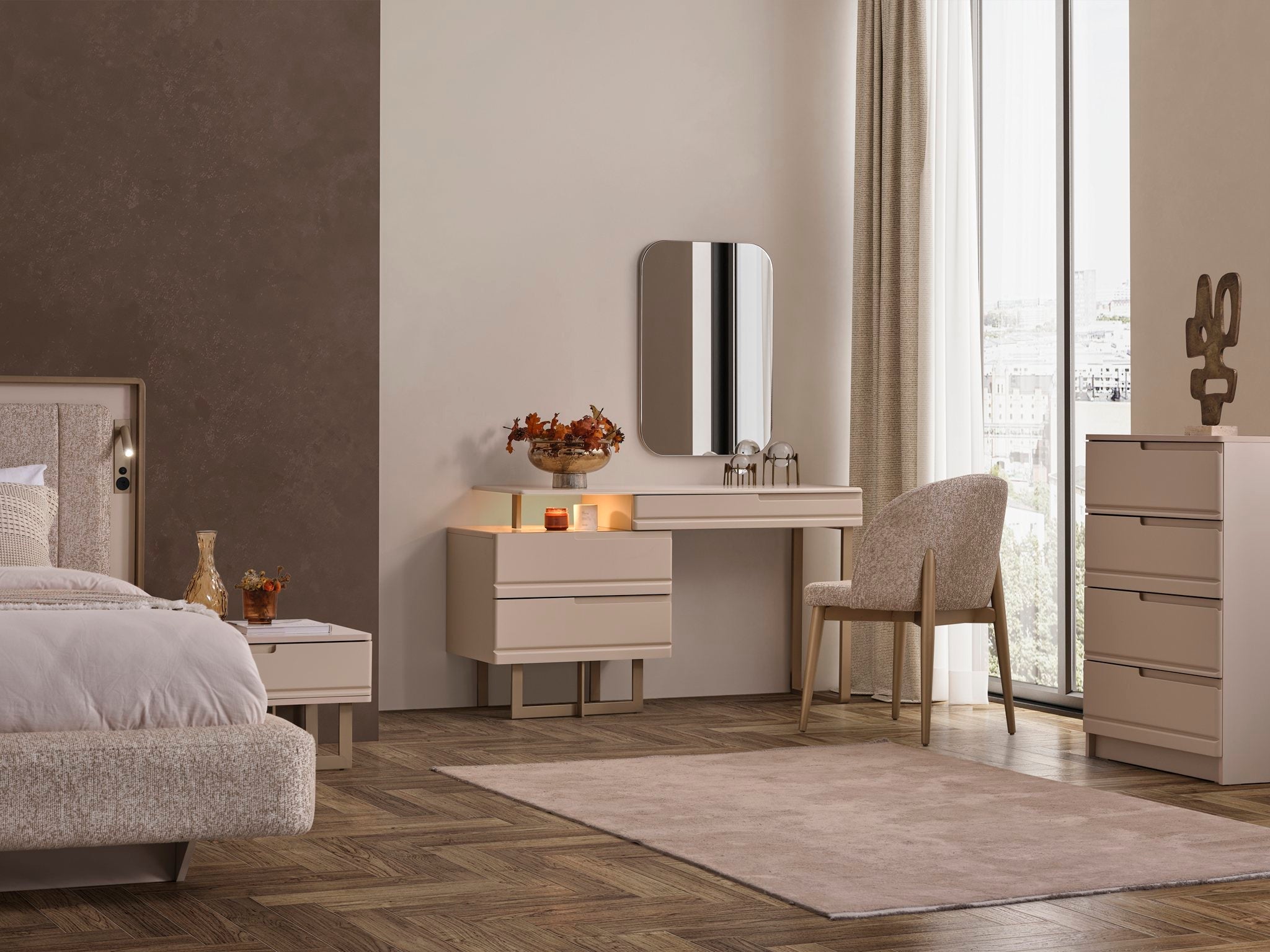 Oslo luxury bedroom set by Netline Home Interior featuring a modern bed frame with matching nightstands and elegant decor.
