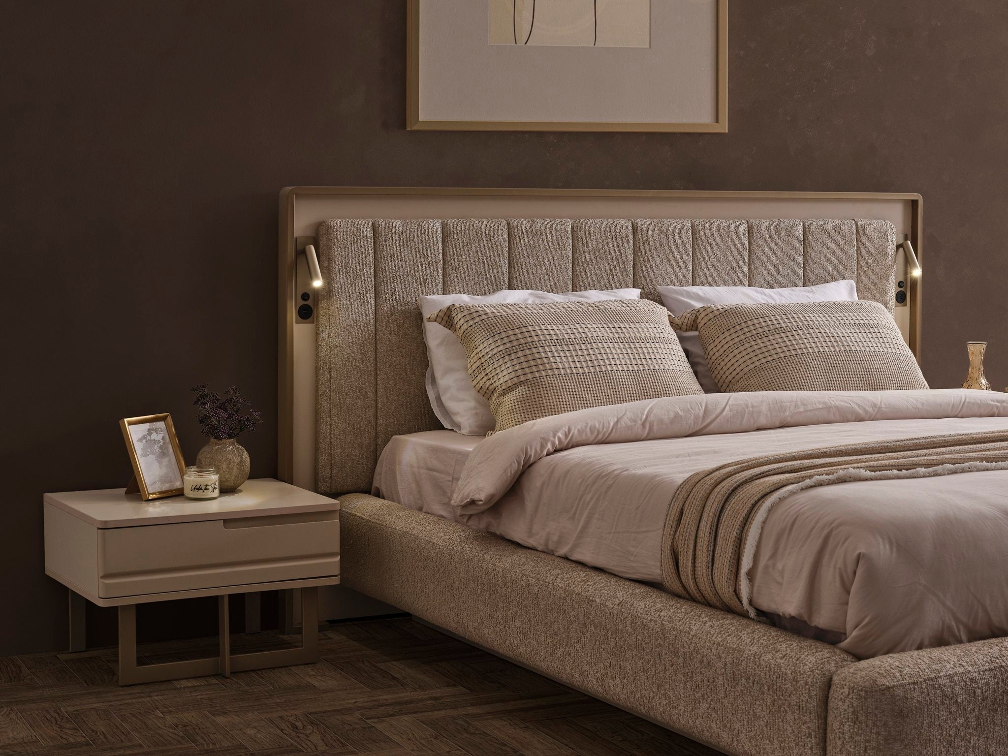 Oslo luxury bedroom set by Netline Home Interior featuring a modern bed frame, matching nightstands, and elegant decor.