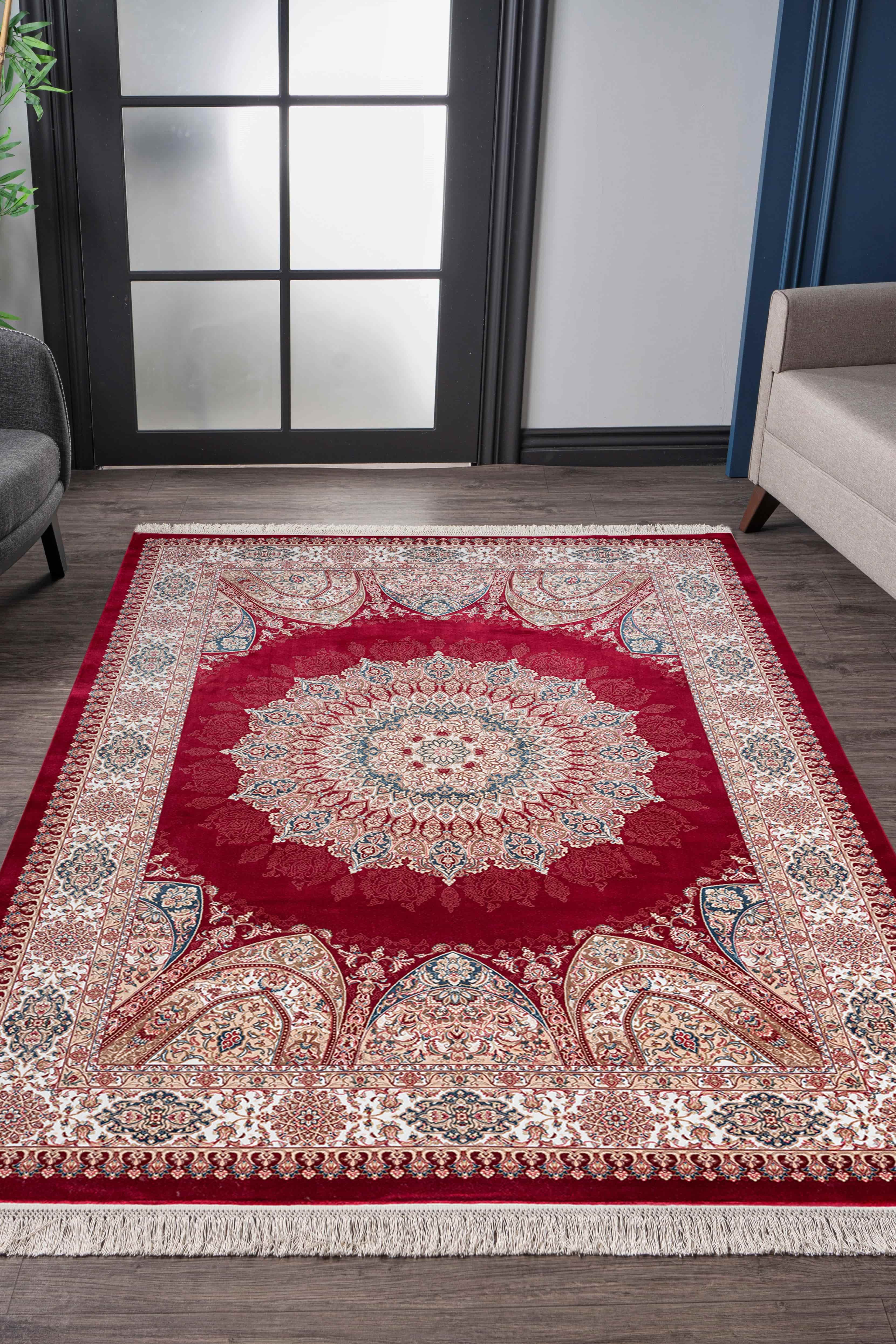 Red modern synthetic fiber rug by Netline Home, durable and easy-clean, ideal for living room, bedroom, or dining area.