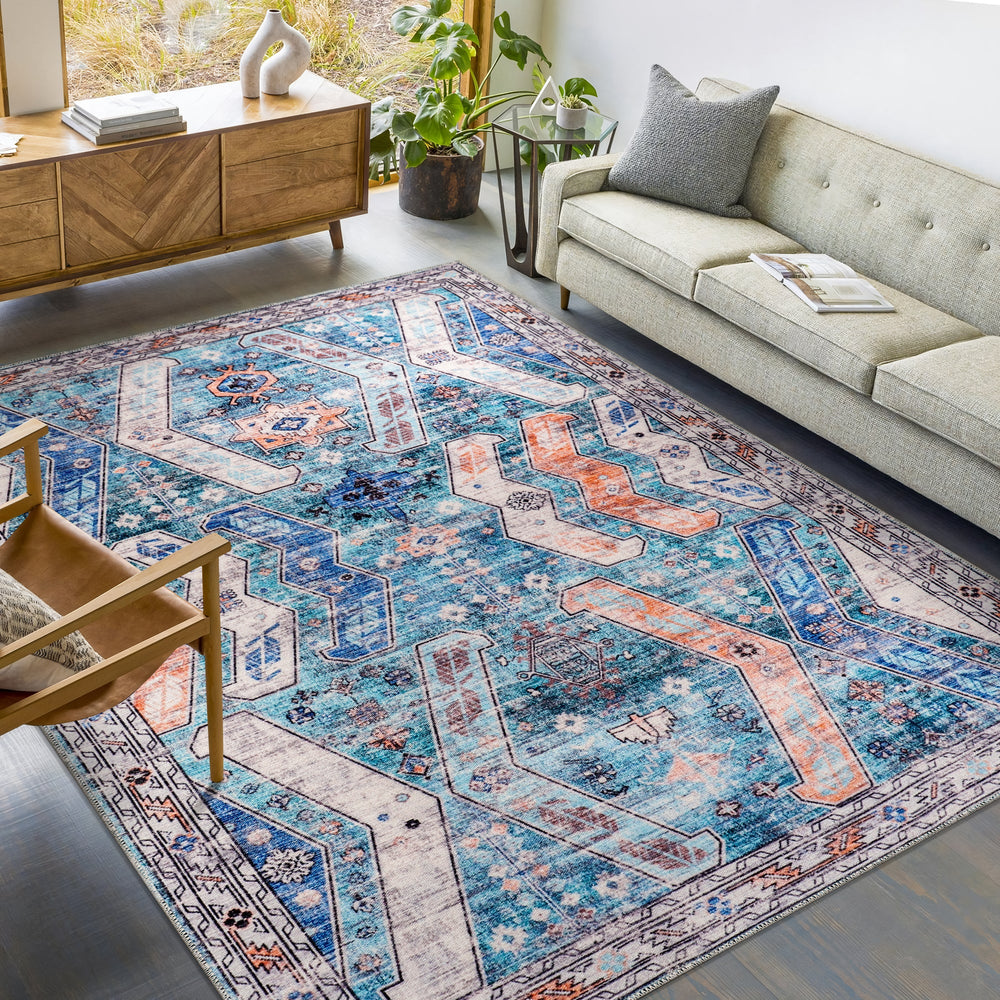 Red Kilim washable rug with medallion design and non-slip backing from Netline Home, ideal for living room decor.
