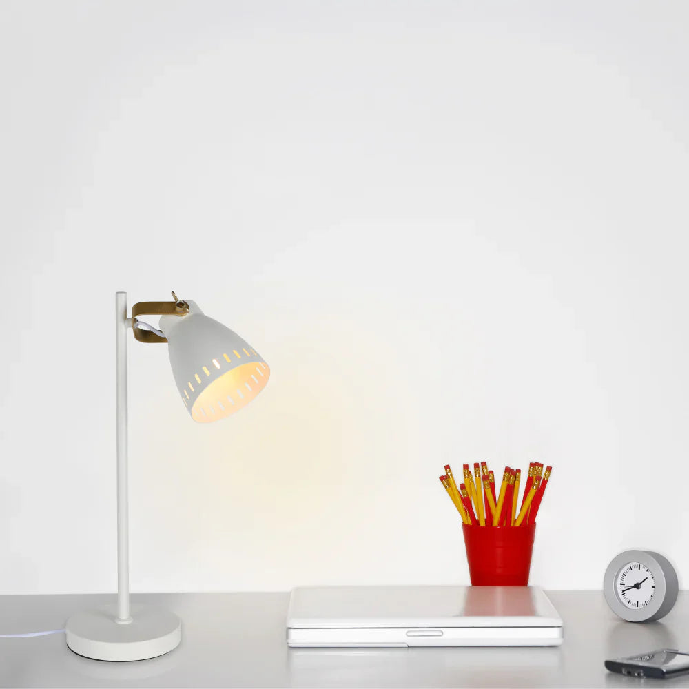 Retro desk lamp with brass accents providing focused task lighting, ideal for home or office workspace from Netline Home Interior.