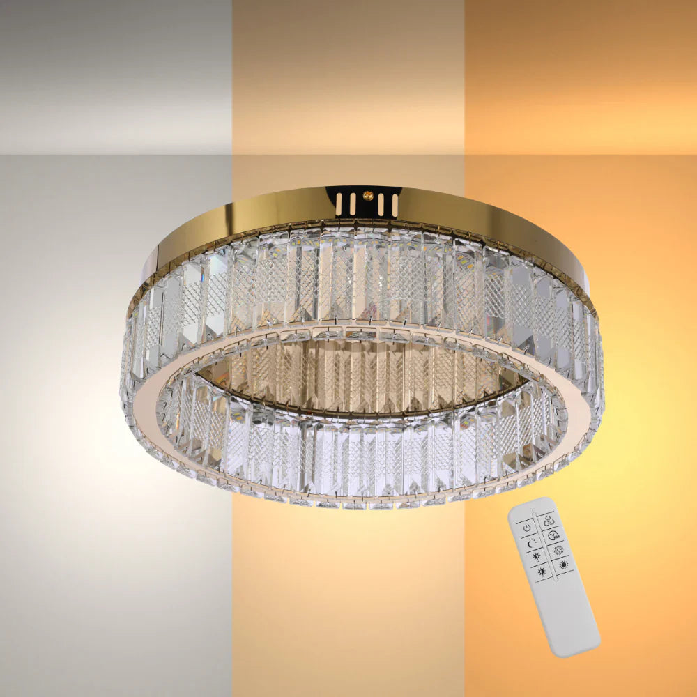 Gold flush ceiling light with ring crystal design, remote control, and three color options, ideal for contemporary home lighting.