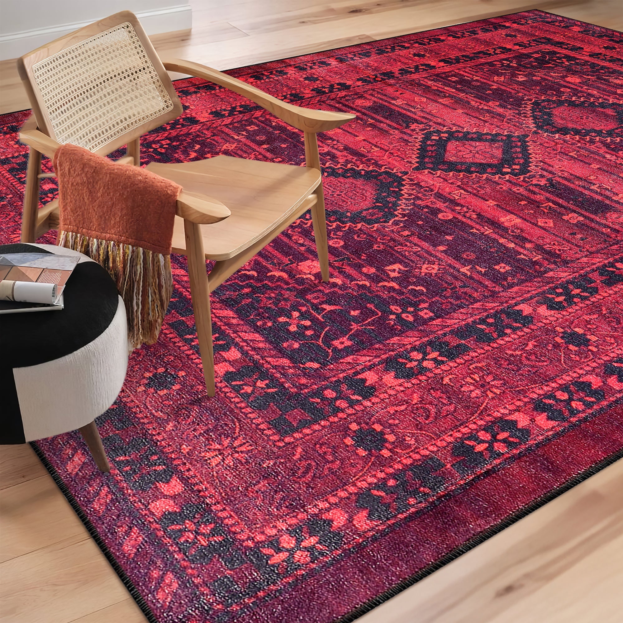 Netline Home Rugs Depot RW1009 – Machine Washable Red Tribal Medallion Rug | Oriental Geometric Carpet for Living Room, Bedroom & Office