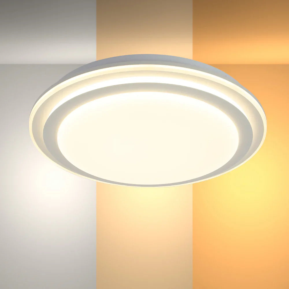 Contemporary Netline Home Interior Serenity Halo Dual-Ring LED flush mount ceiling light installed in a modern living room.