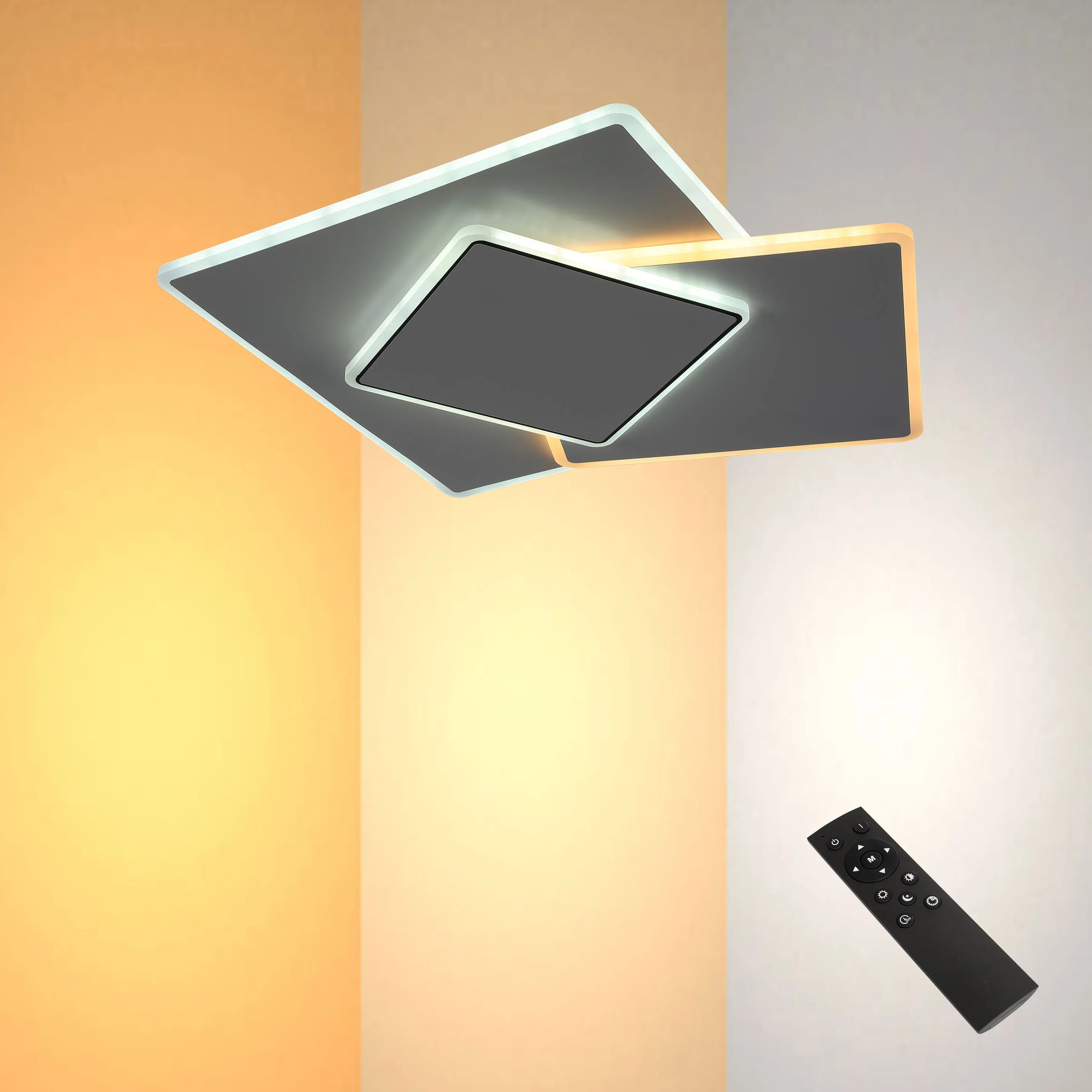 Staggered trio square LED ceiling light with CCT tunable color, remote control, 72W flush mount from Netline Home Interior