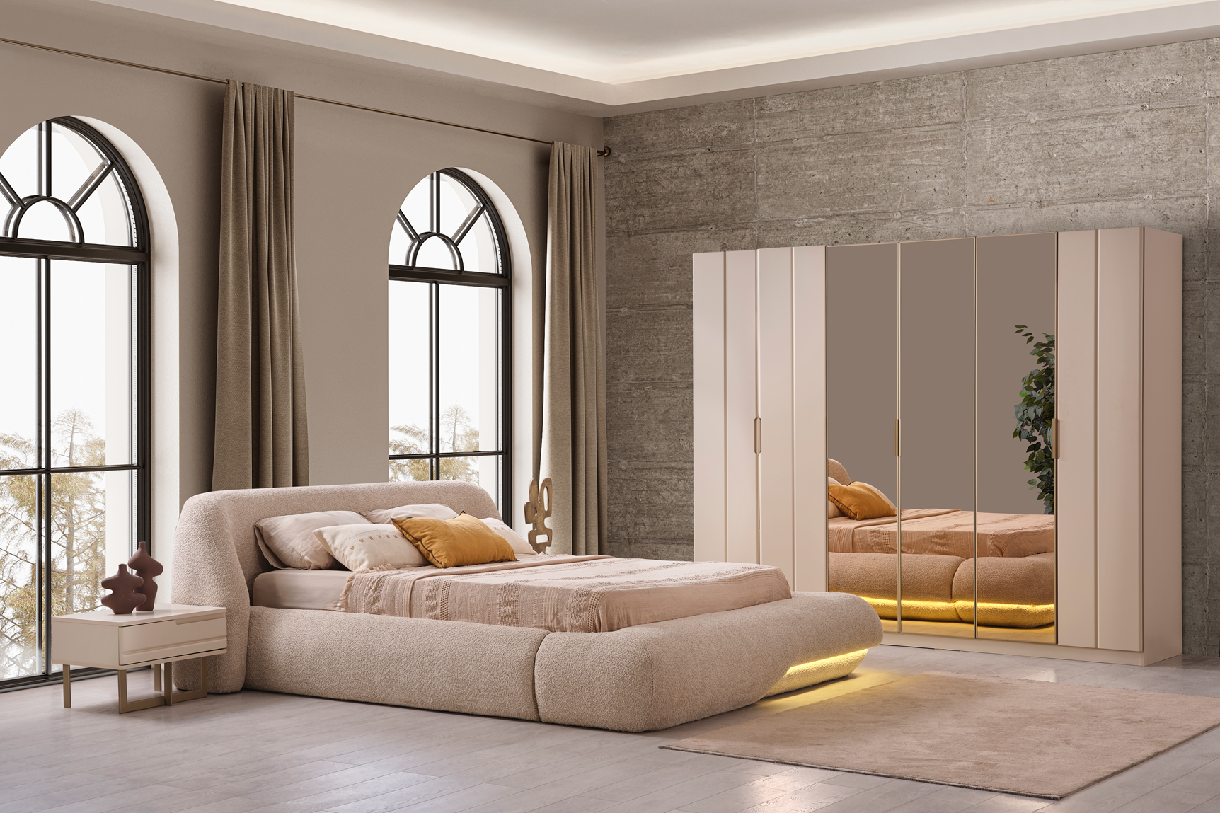 Oslo Bedroom Set by Netline Home Interior includes a bed, nightstands, and wardrobe in a modern bedroom furniture style.