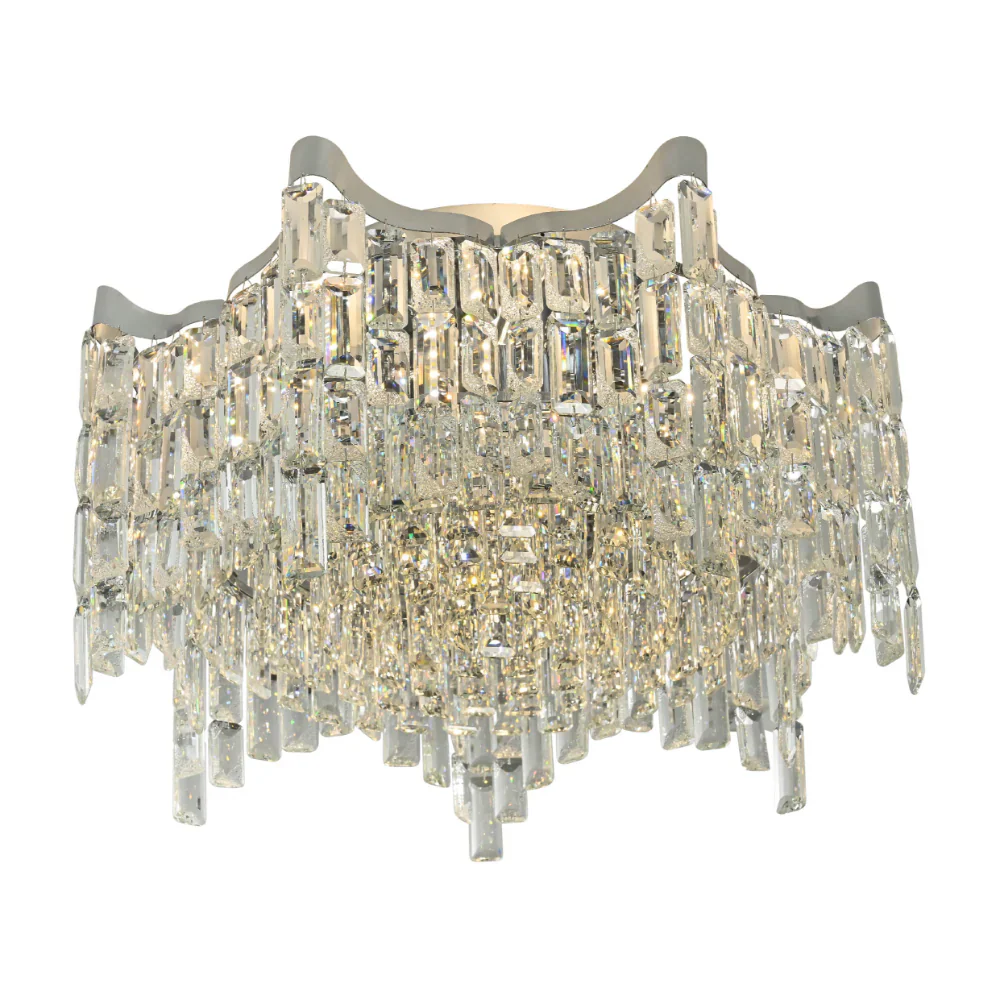 Contemporary chrome star crystal flush chandelier ceiling light with multiple hanging crystal ornaments for stylish home lighting