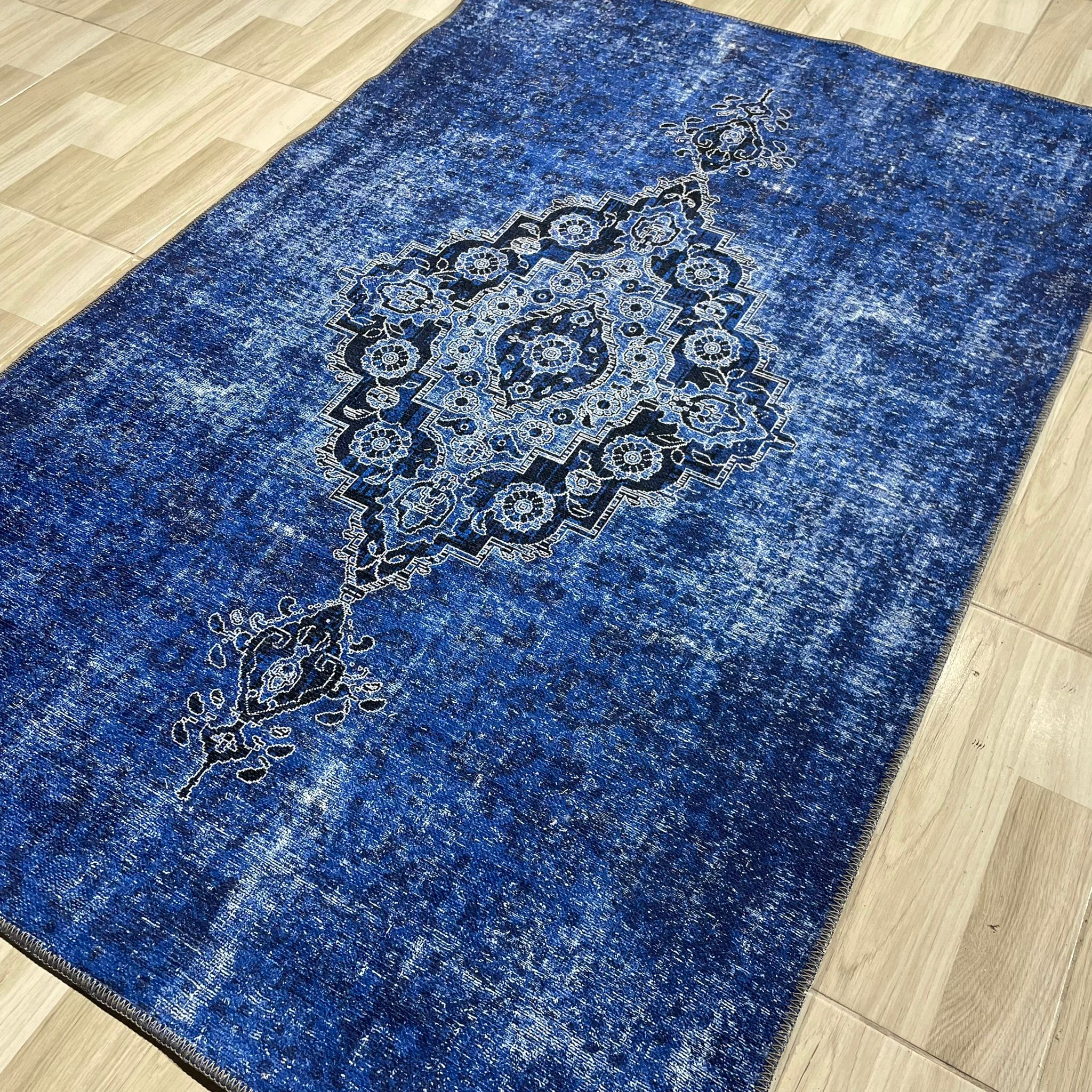 Netline Home Blue Navy Ethnic Classic Vintage Machine Washable Chenille Rug Design T24 - Gallery Image 5 - Netline Home