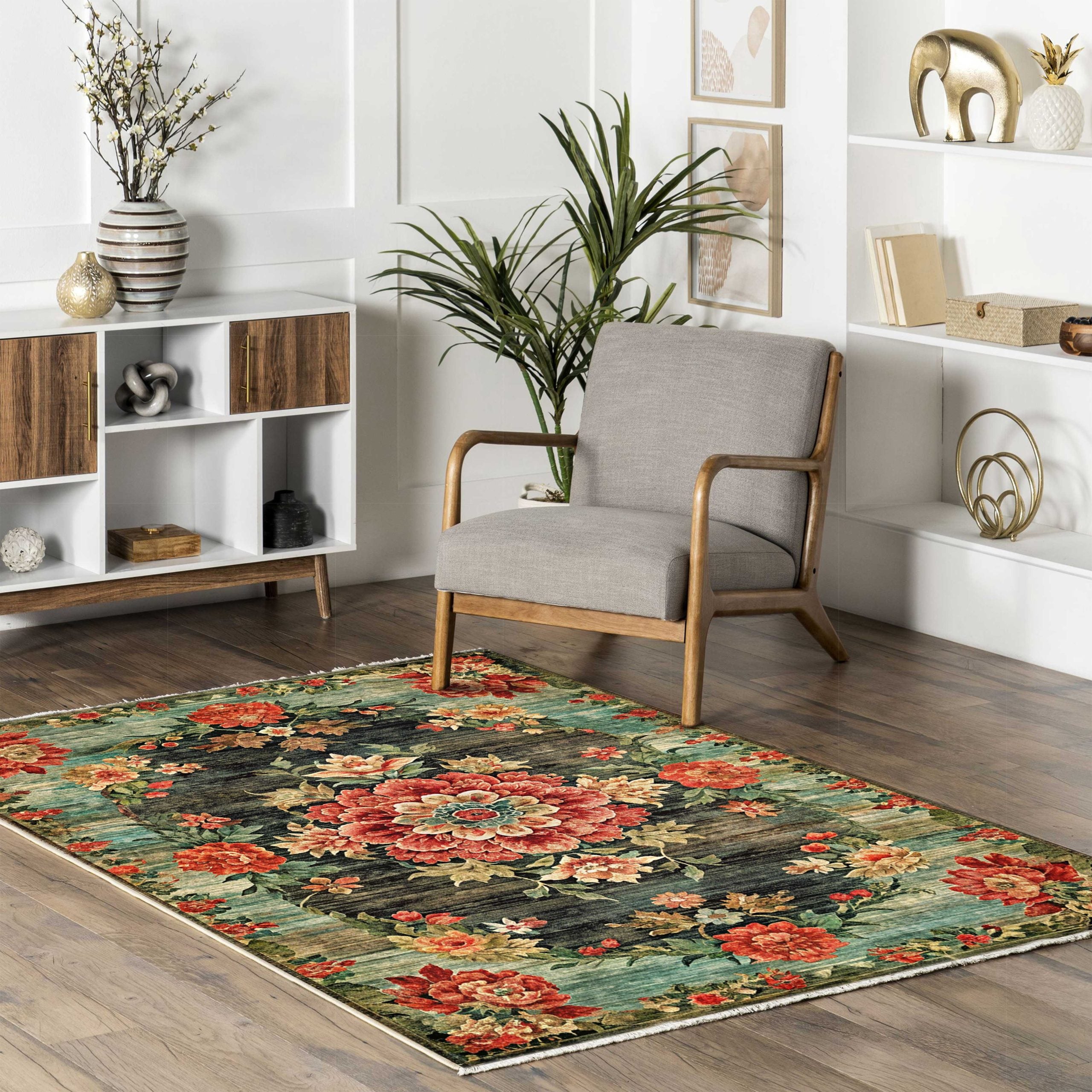 Netline Home Red Burgundy Black Anthracite Green Khaki Ethnic Machine Washable Chenille Rug Design NH7093 - Gallery Image 9 - Netline Home