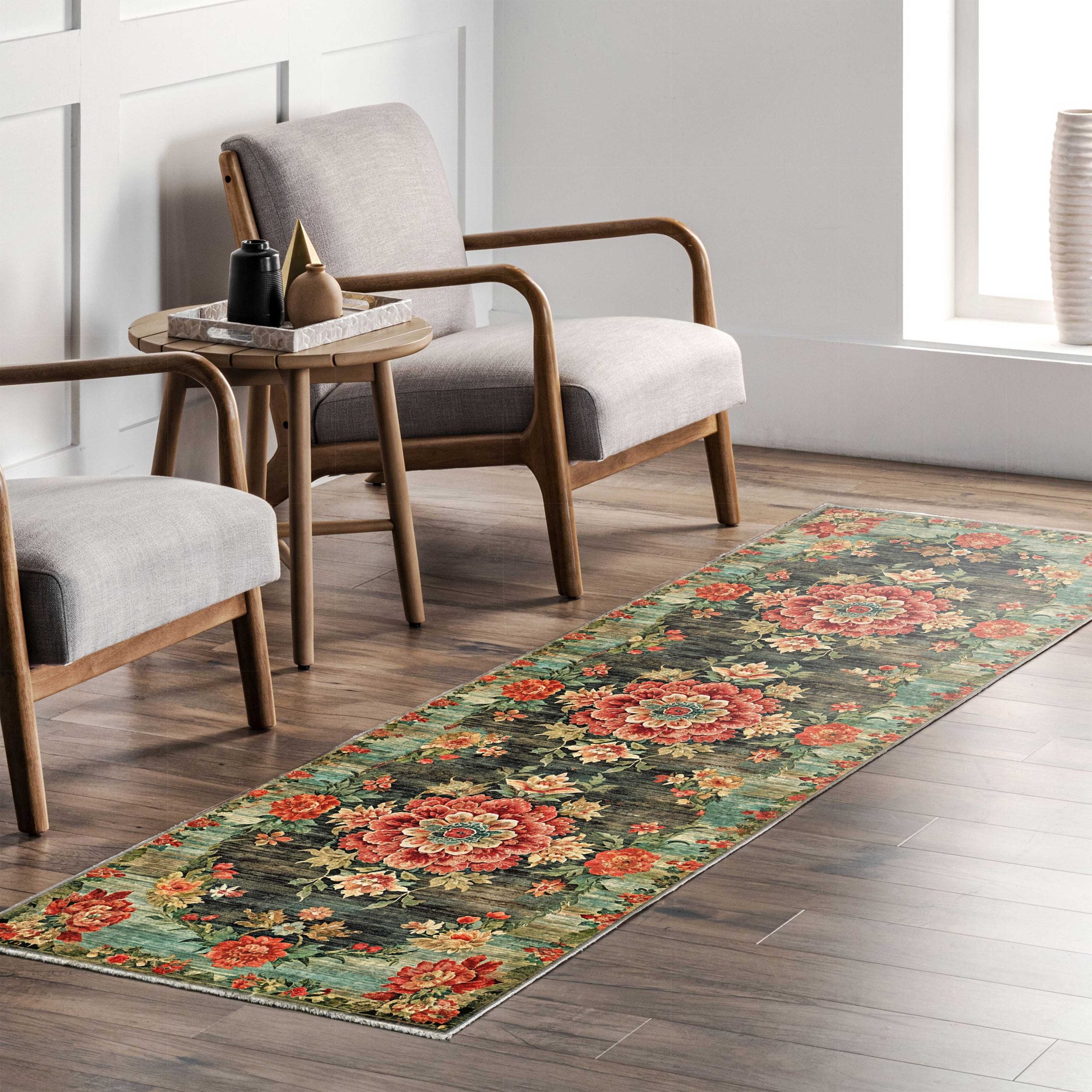 Netline Home Red Burgundy Black Anthracite Green Khaki Ethnic Machine Washable Chenille Rug Design NH7093 - Gallery Image 8 - Netline Home