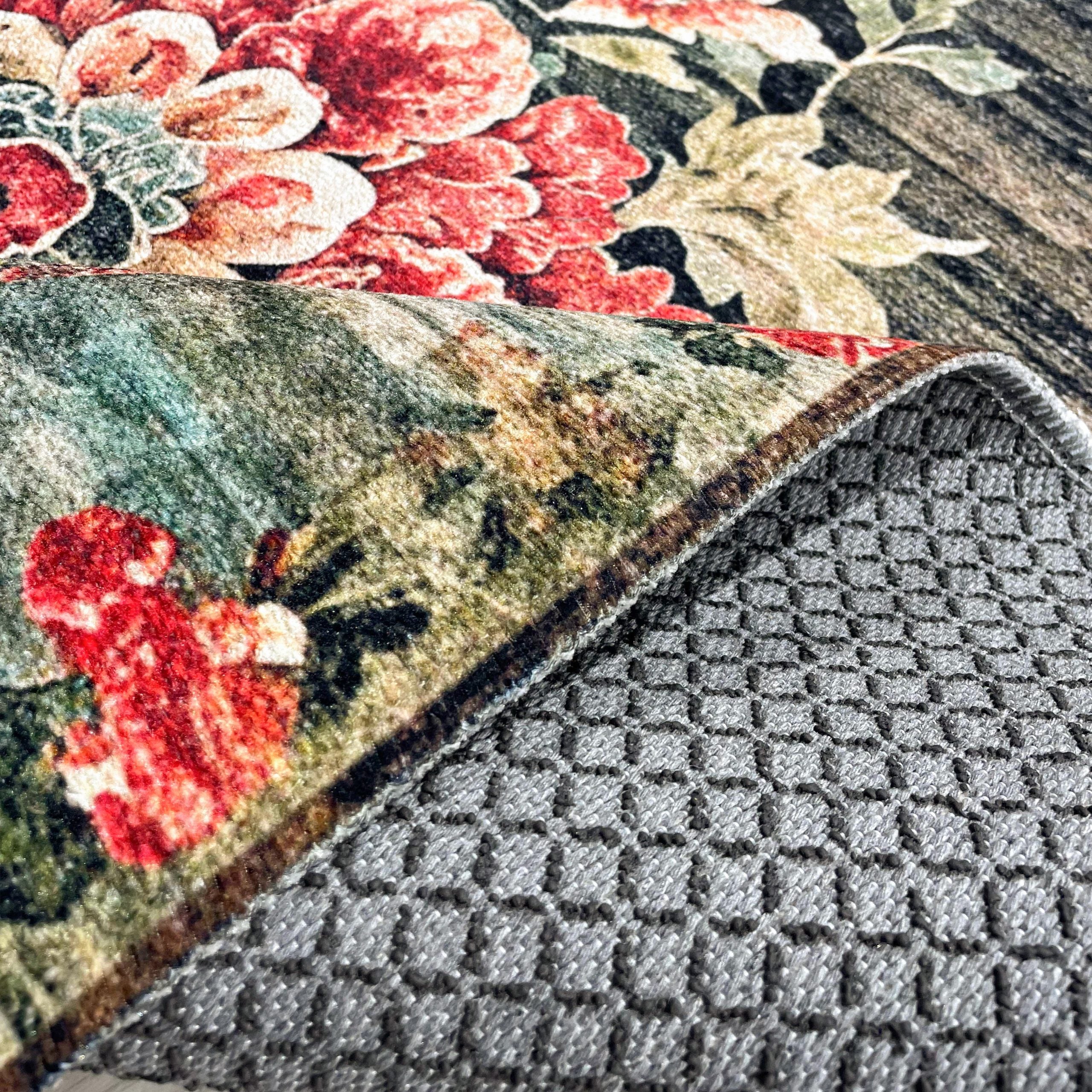 Netline Home Red Burgundy Black Anthracite Green Khaki Ethnic Machine Washable Chenille Rug Design NH7093 - Gallery Image 4 - Netline Home