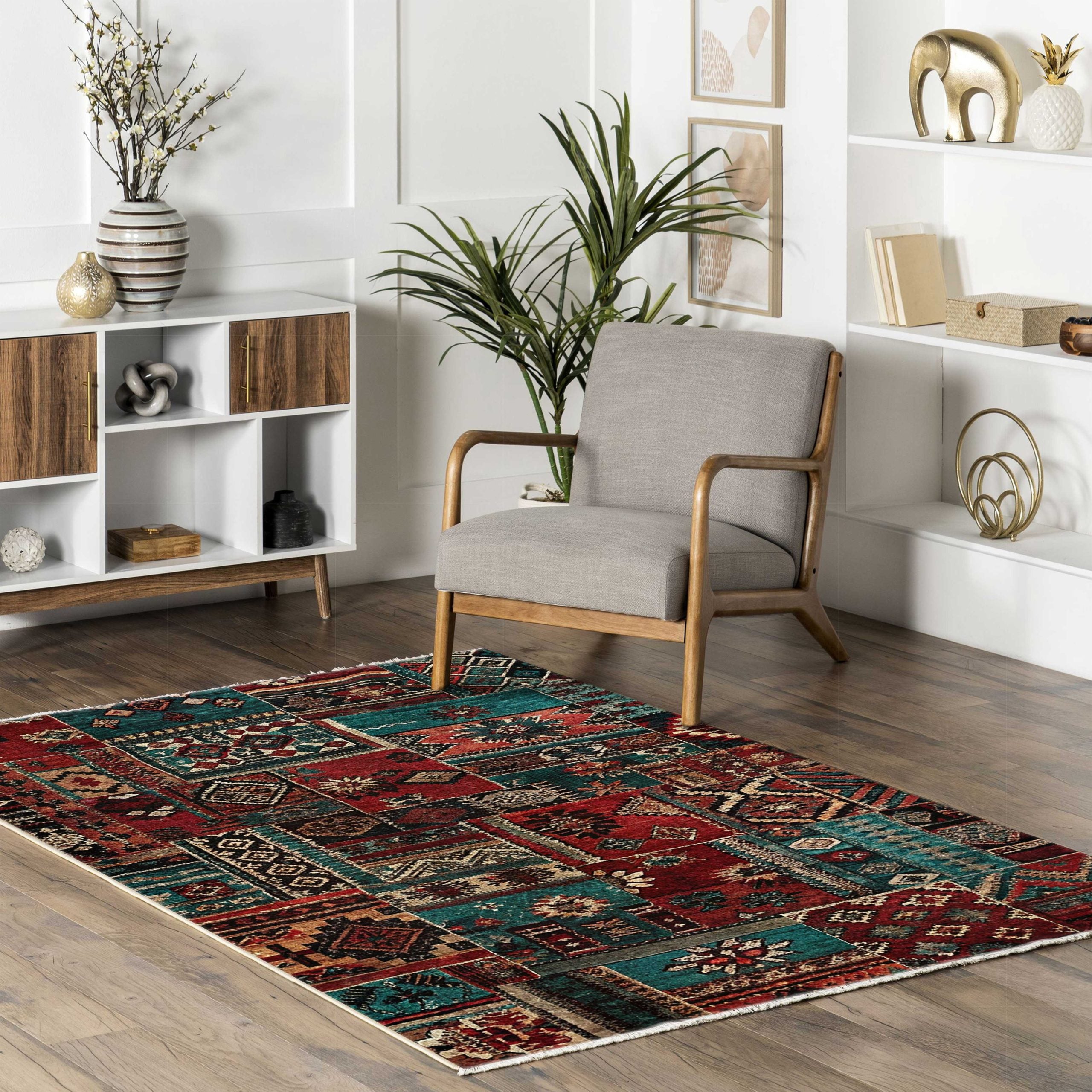 Netline Home Red Burgundy Green Khaki Ethnic Machine Washable Chenille Rug Design NH7096 - Gallery Image 9 - Netline Home