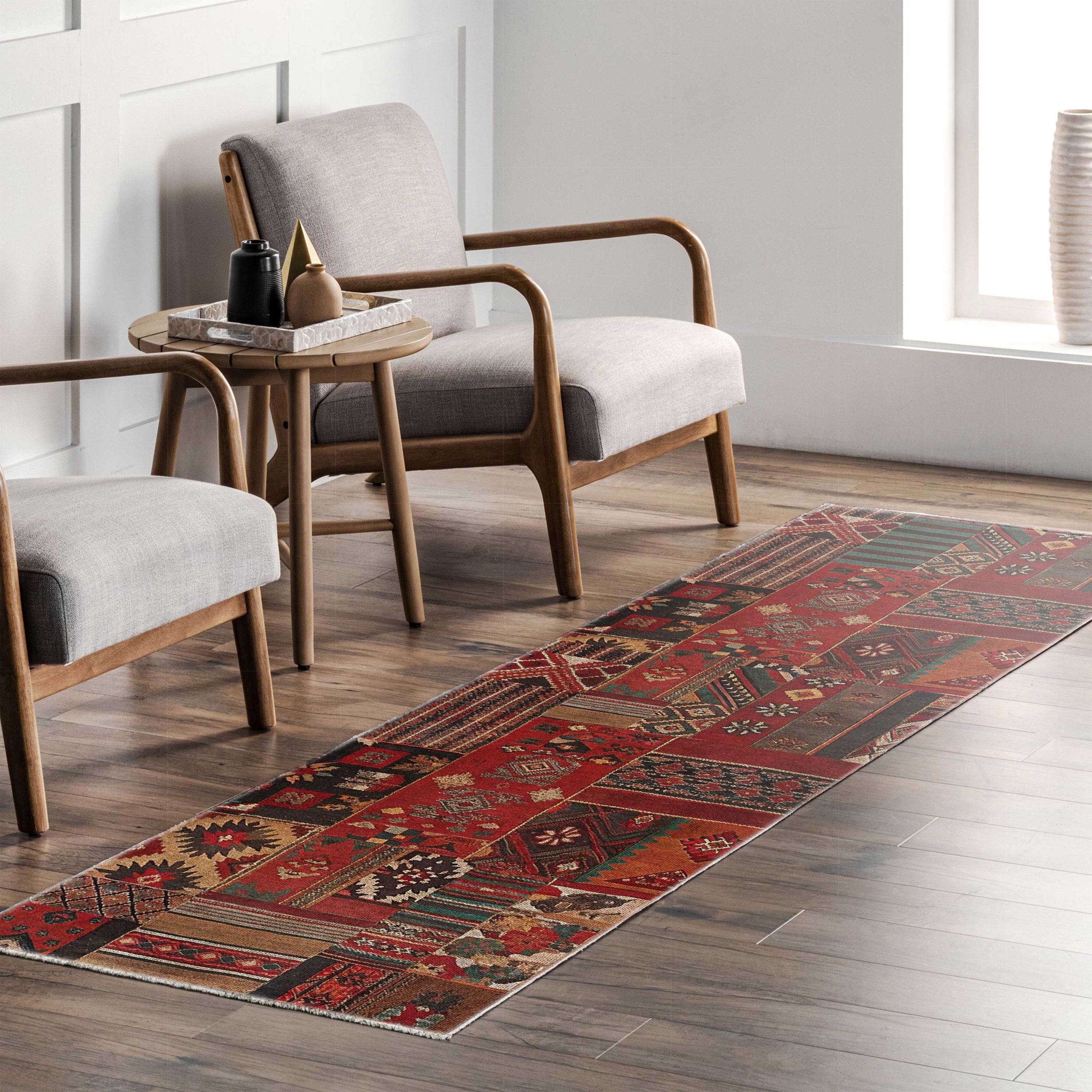 Netline Home Red Burgundy Green Khaki Ethnic Machine Washable Chenille Rug Design 609-01 - Gallery Image 8 - Netline Home