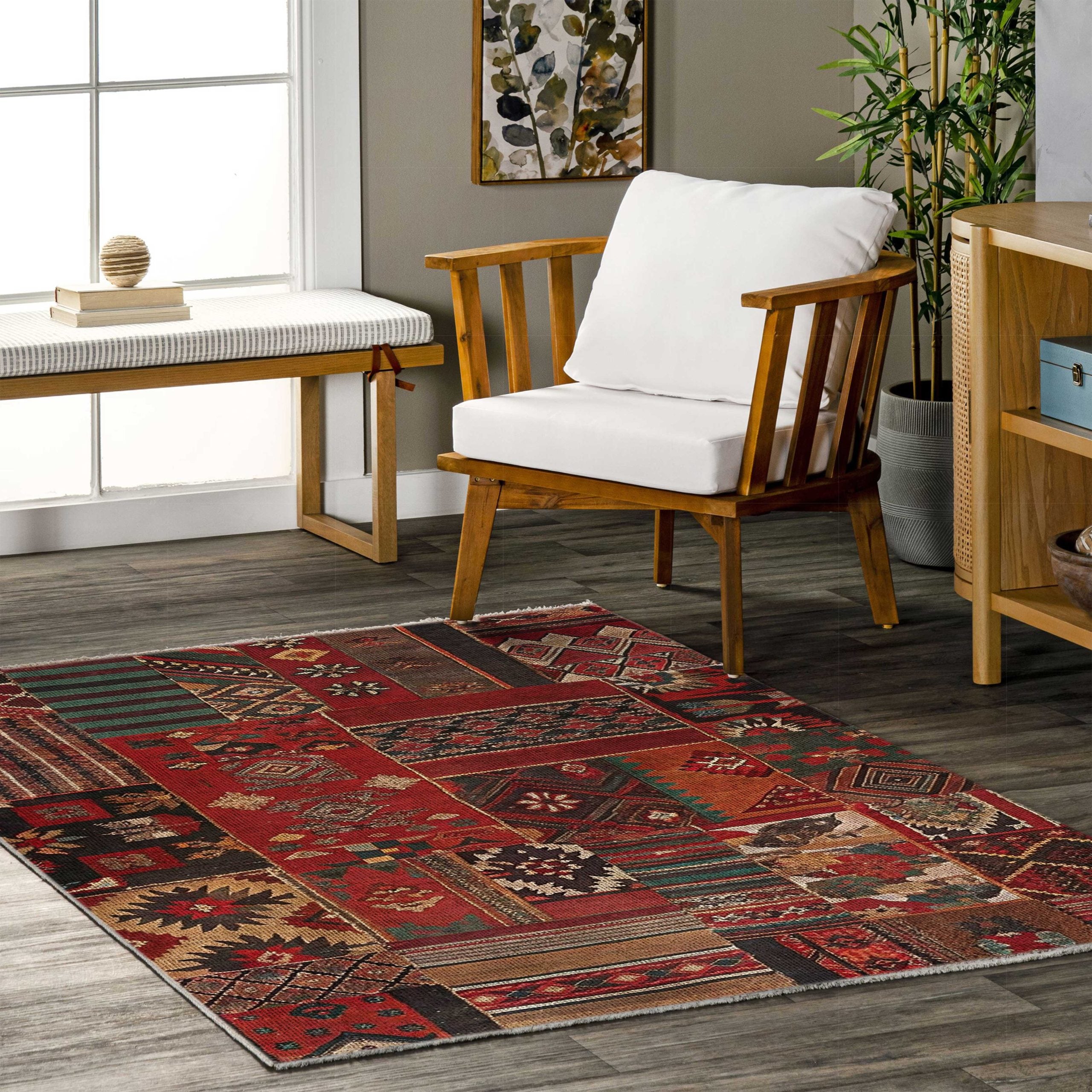 Netline Home Red Burgundy Ethnic Machine Washable Chenille Rug Design 610-01 - Gallery Image 6 - Netline Home