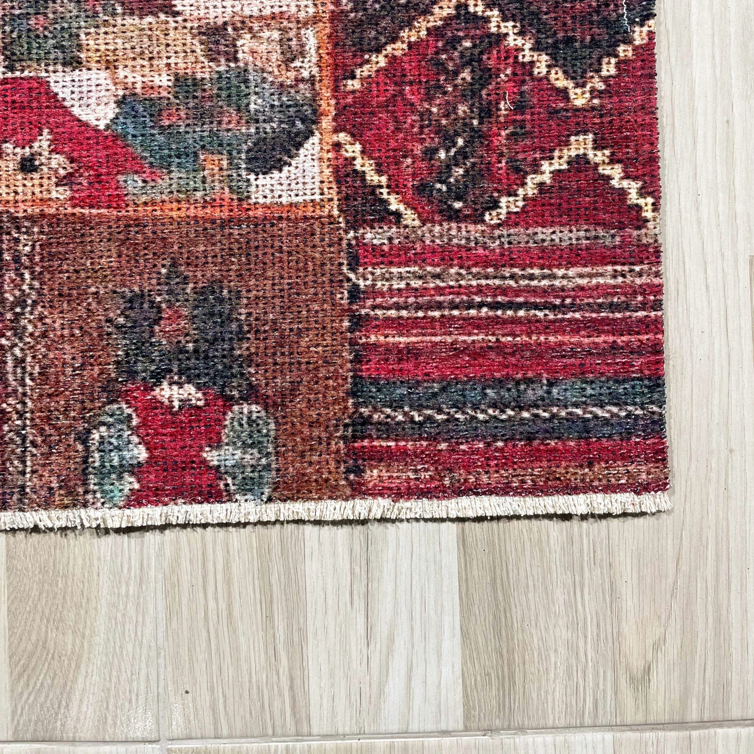Netline Home Red Burgundy Ethnic Machine Washable Chenille Rug Design 610-01 - Detailed Photoshoot - Netline Home