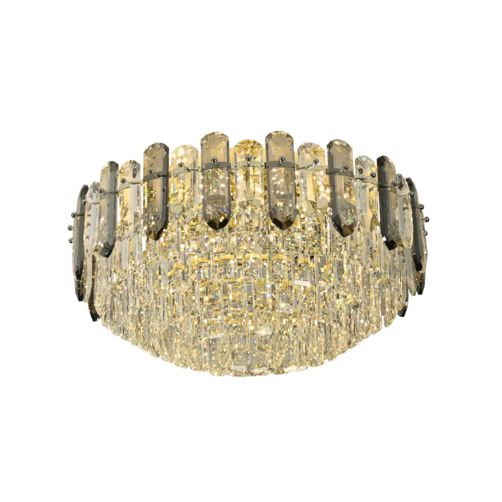 Gold tiered flush chandelier ceiling light with smoky and clear crystals, modern home lighting by Netline Home Interior.