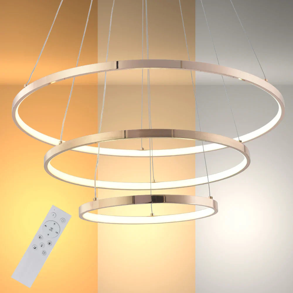 Modern tri-ring LED chandelier by Netline Home Interior, showcasing customizable, versatile ceiling light design with elegant illumination.