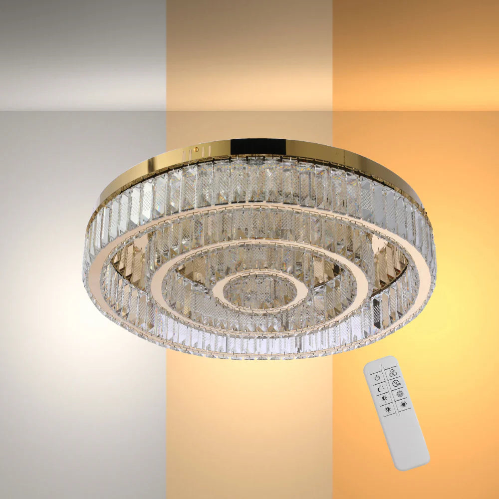 Netline Home Interior triple nested ring crystal flush ceiling light with remote, 3 color options, 600mm diameter.