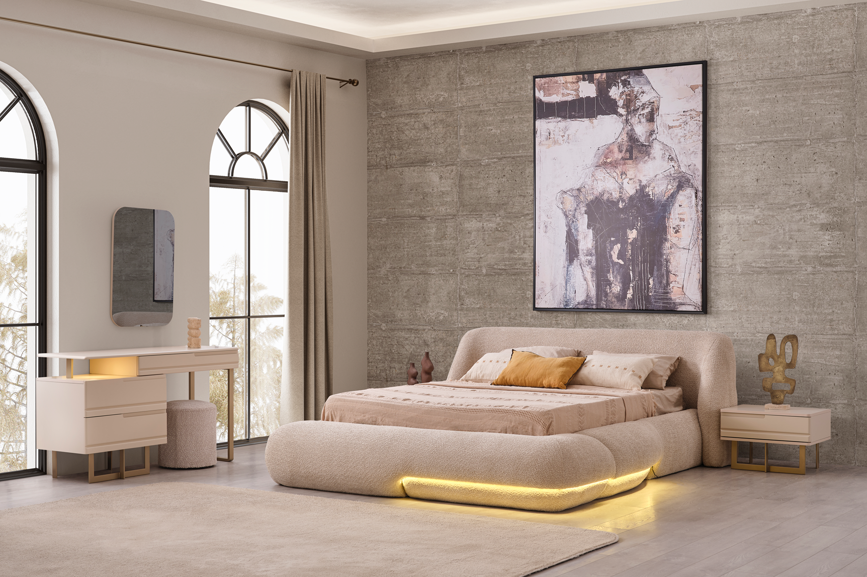 Netline Home Interior Oslo bedroom set with bed frame, mattress, and nightstands in a modern bedroom style.