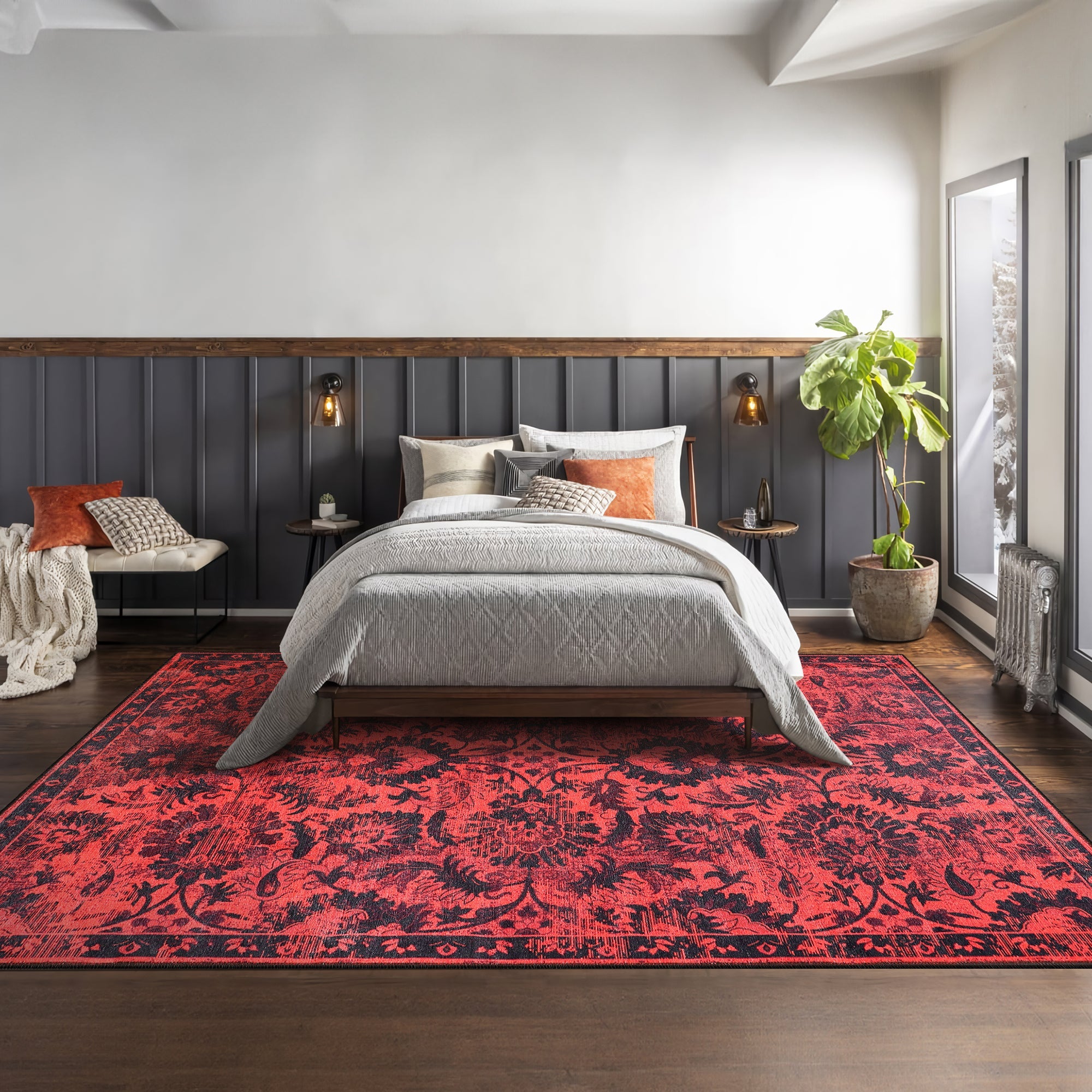 Netline Home Rugs Depot RW1010 – Machine Washable Red Vintage Floral Rug | Damask-Inspired Oriental Carpet for Living Room, Bedroom & Dining