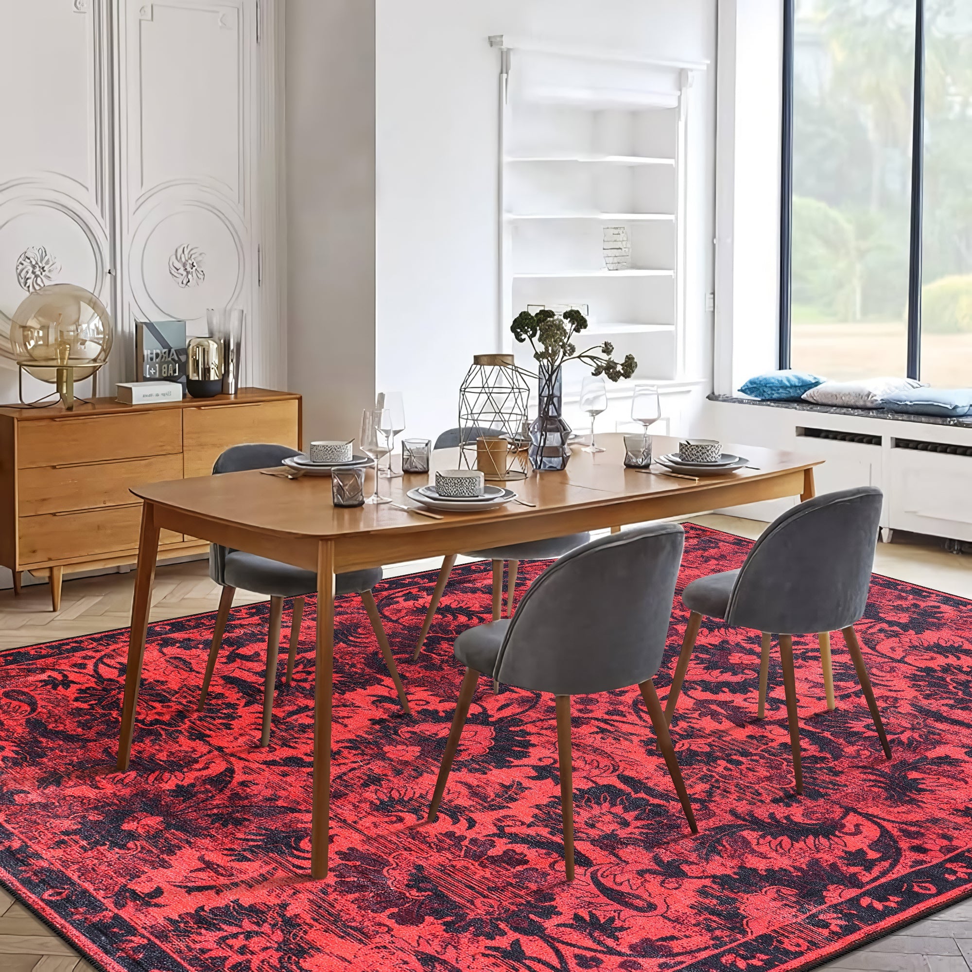 Netline Home Rugs Depot RW1010 – Machine Washable Red Vintage Floral Rug | Damask-Inspired Oriental Carpet for Living Room, Bedroom & Dining